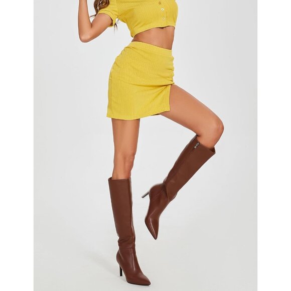 🆕Women Brown Faux Leather Pointed Toe Tall  Stiletto Heel Zipper Dress Boots - Picture 6 of 8